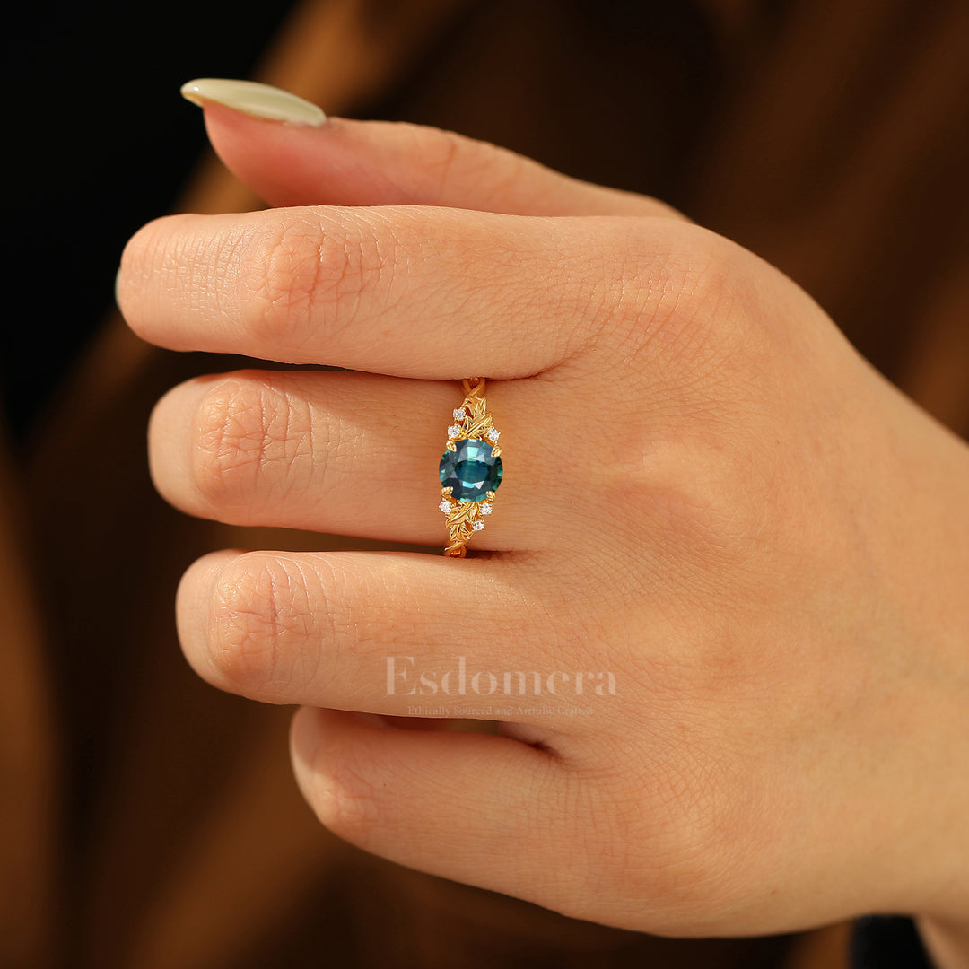 Leaf Engraved Round Teal Sapphire Engagement Ring Natural Inspired Solid Yellow Gold Women Ring Gifts