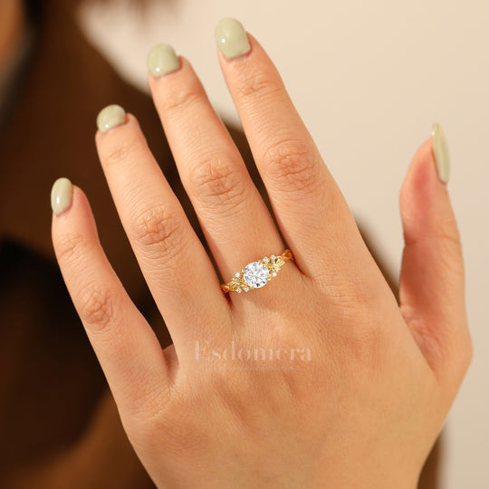 Leaf Branch 1CT Round Moissanite Engagement Ring Solid Gold Floral Bridal Anniversary Ring