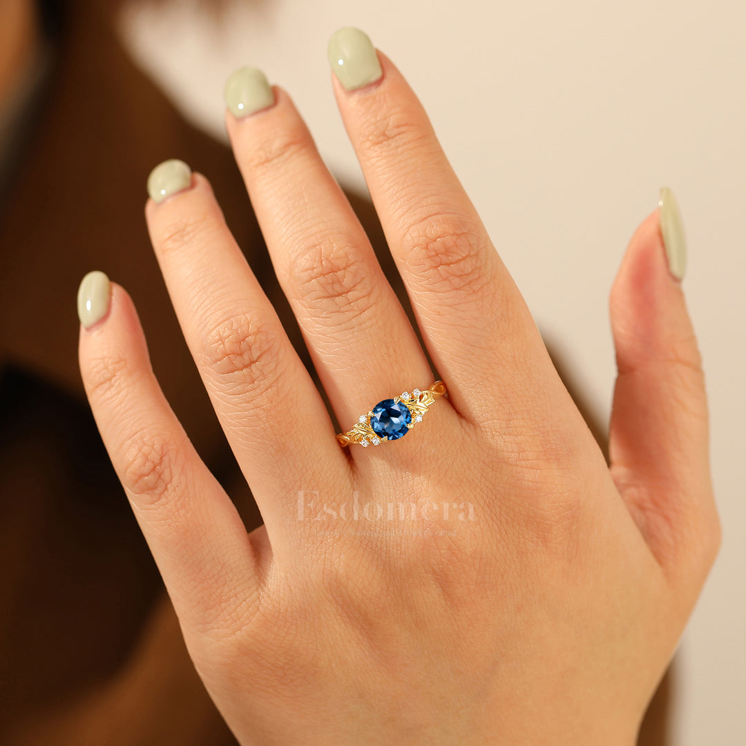 Vintage Round London Blue Topaz Leaf Bridal Ring Art Deco Twig Solid Gold Ring Sterling Silver Women Ring