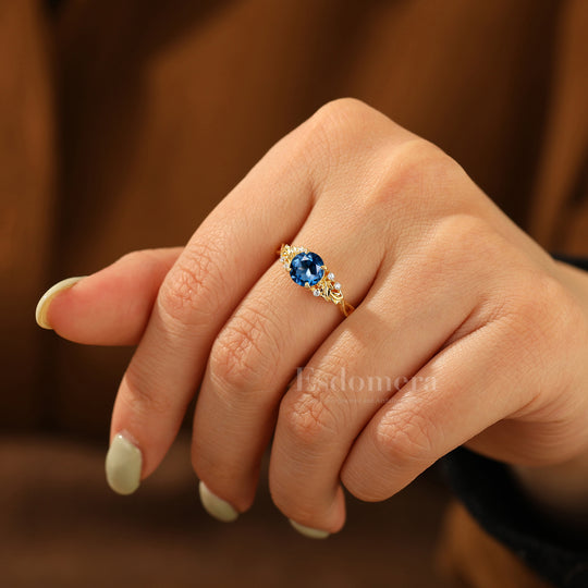 Vintage Round London Blue Topaz Leaf Bridal Ring Art Deco Twig Solid Gold Ring Sterling Silver Women Ring