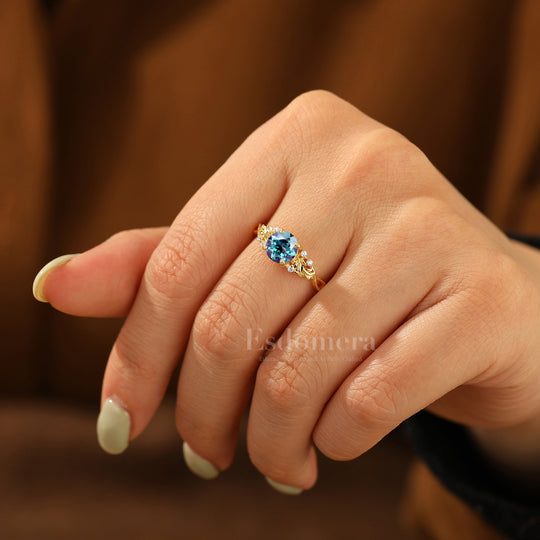 Vintage 1CT Round Alexandrite Leaf Branch Engagement Ring Solid Yellow Gold Bridal Anniversary Ring
