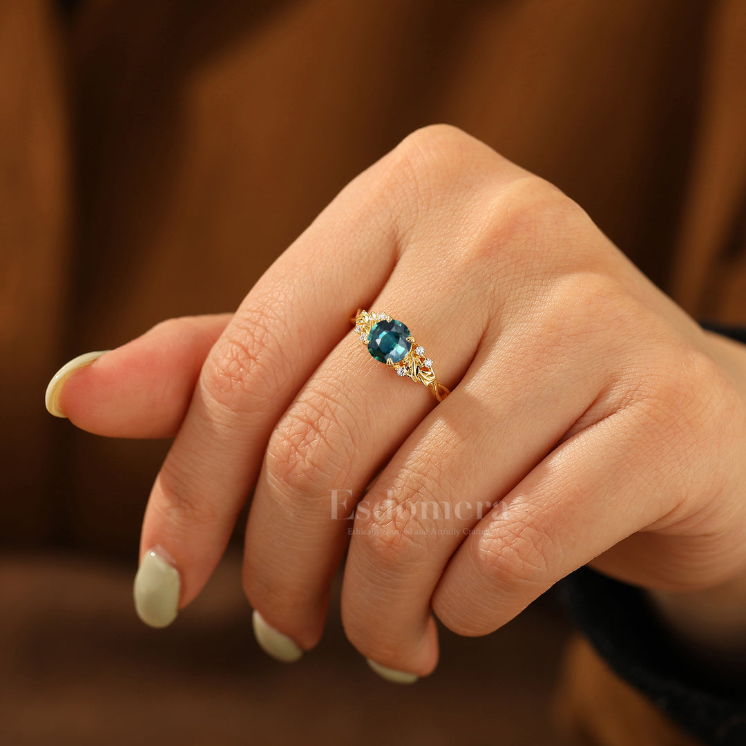 Leaf Engraved Round Teal Sapphire Engagement Ring Natural Inspired Solid Yellow Gold Women Ring Gifts