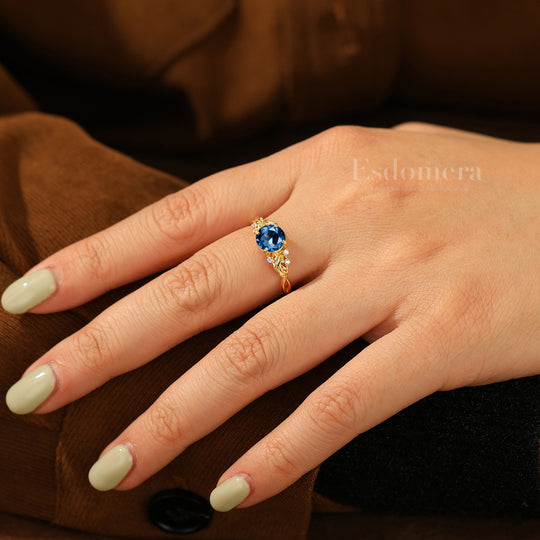 Vintage Round London Blue Topaz Leaf Bridal Ring Art Deco Twig Solid Gold Ring Sterling Silver Women Ring