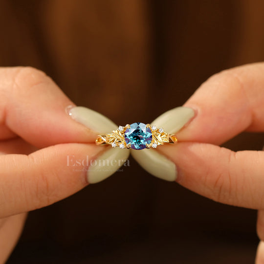 Vintage 1CT Round Alexandrite Leaf Branch Engagement Ring Solid Yellow Gold Bridal Anniversary Ring