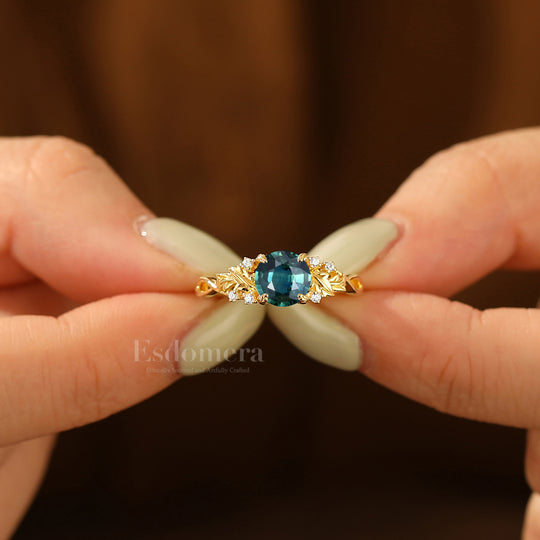 Leaf Engraved Round Teal Sapphire Engagement Ring Natural Inspired Solid Yellow Gold Women Ring Gifts