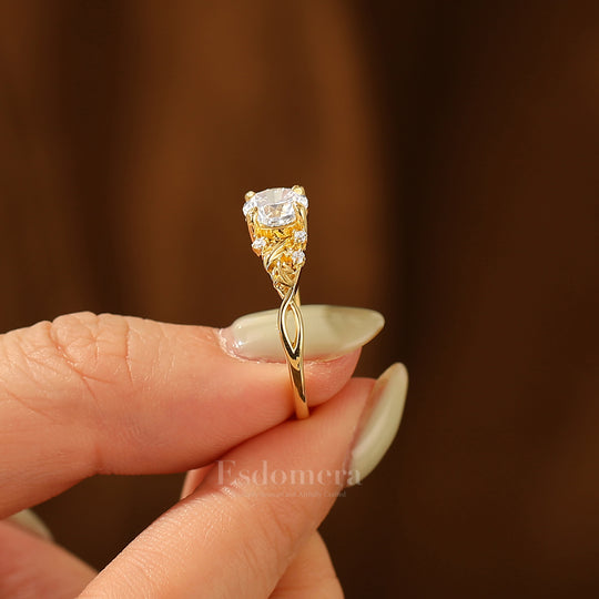 Leaf Branch 1CT Round Moissanite Engagement Ring Solid Gold Floral Bridal Anniversary Ring