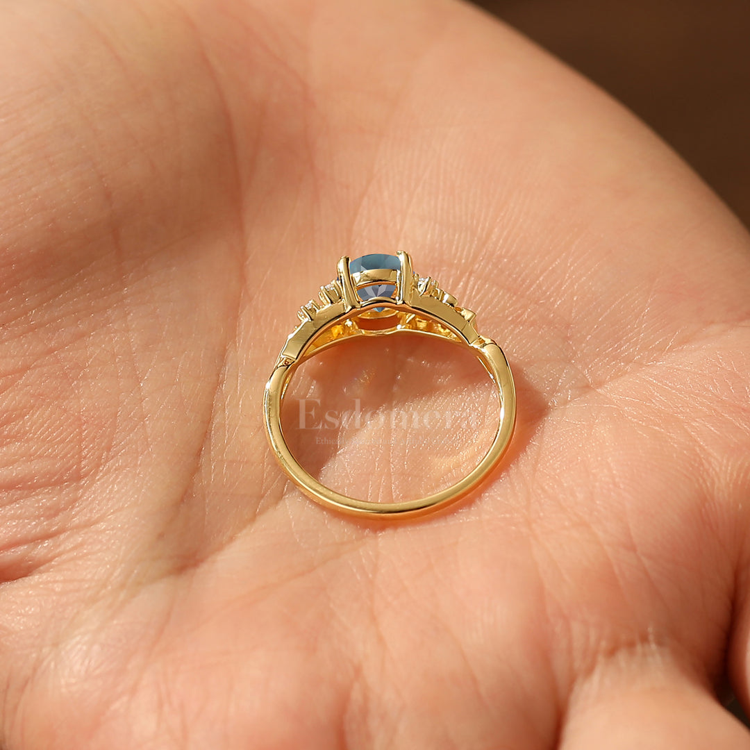 Vintage 1CT Round Alexandrite Leaf Branch Engagement Ring Solid Yellow Gold Bridal Anniversary Ring