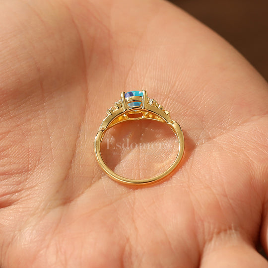 Leaf Engraved Round Teal Sapphire Engagement Ring Natural Inspired Solid Yellow Gold Women Ring Gifts