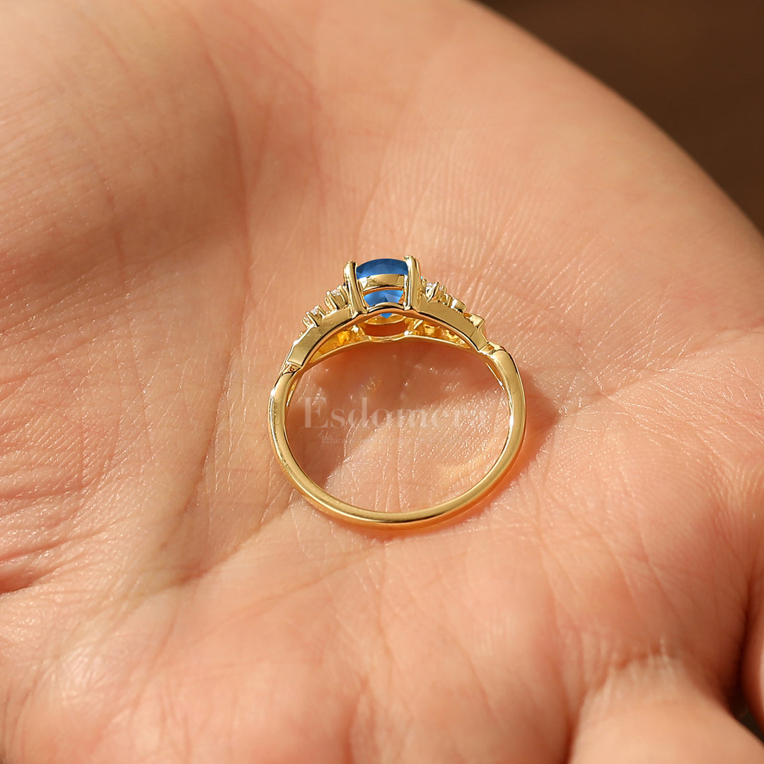 Vintage Round London Blue Topaz Leaf Bridal Ring Art Deco Twig Solid Gold Ring Sterling Silver Women Ring