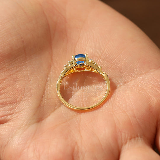 Vintage Round London Blue Topaz Leaf Bridal Ring Art Deco Twig Solid Gold Ring Sterling Silver Women Ring