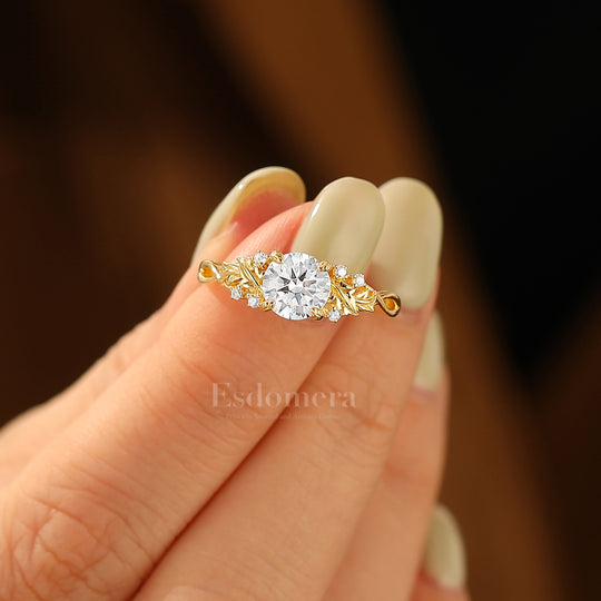 Leaf Branch 1CT Round Moissanite Engagement Ring Solid Gold Floral Bridal Anniversary Ring