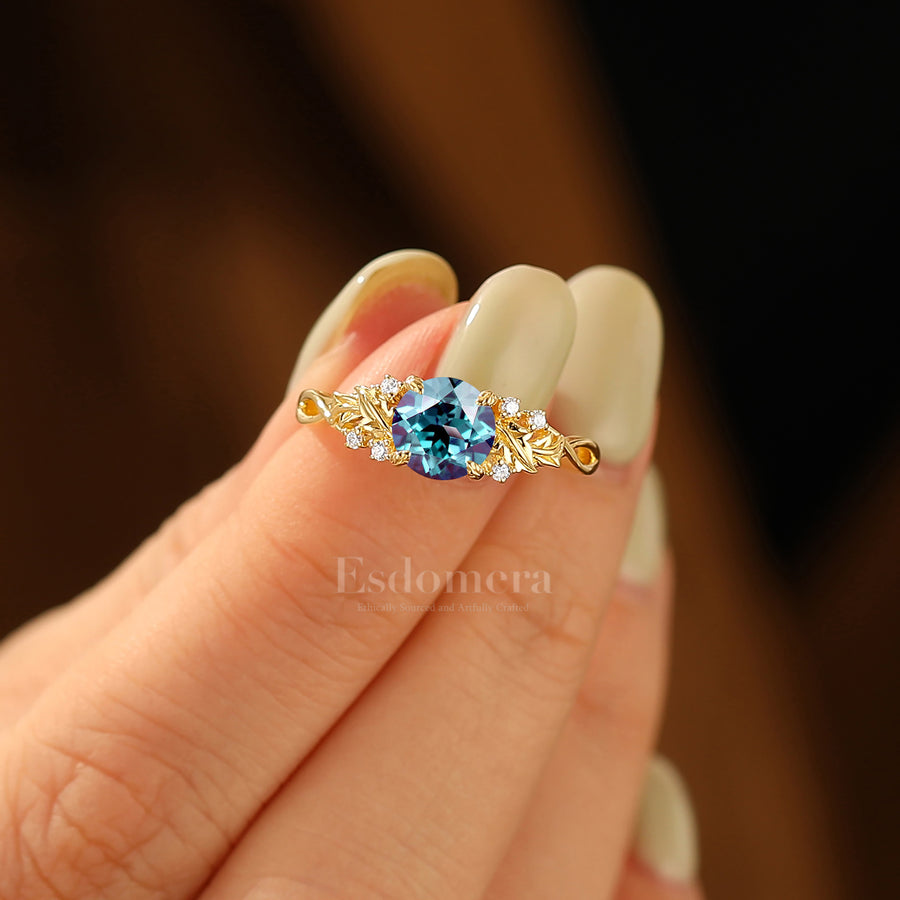 Vintage 1CT Round Alexandrite Leaf Branch Engagement Ring Solid Yellow Gold Bridal Anniversary Ring