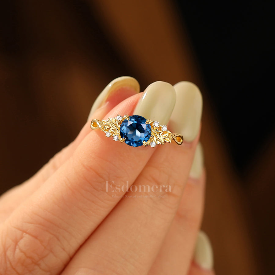Vintage Round London Blue Topaz Leaf Bridal Ring Art Deco Twig Solid Gold Ring Sterling Silver Women Ring
