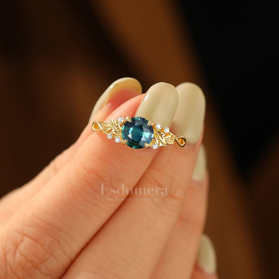 Leaf Engraved Round Teal Sapphire Engagement Ring Natural Inspired Solid Yellow Gold Women Ring Gifts
