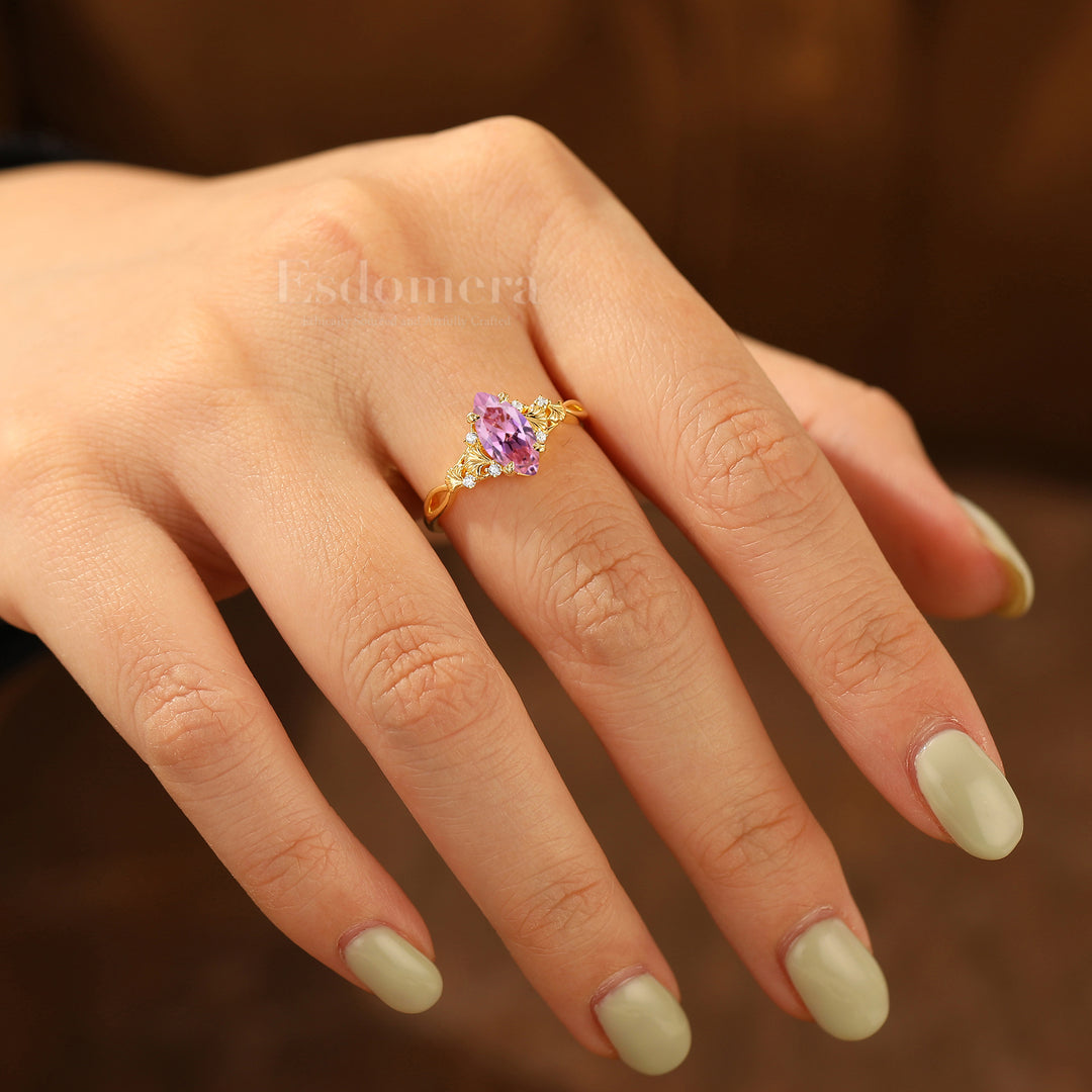 Vintage Ginkgo Design Pink Sapphire Engagement Ring 1CT Marquise Cut Wedding Ring For Women