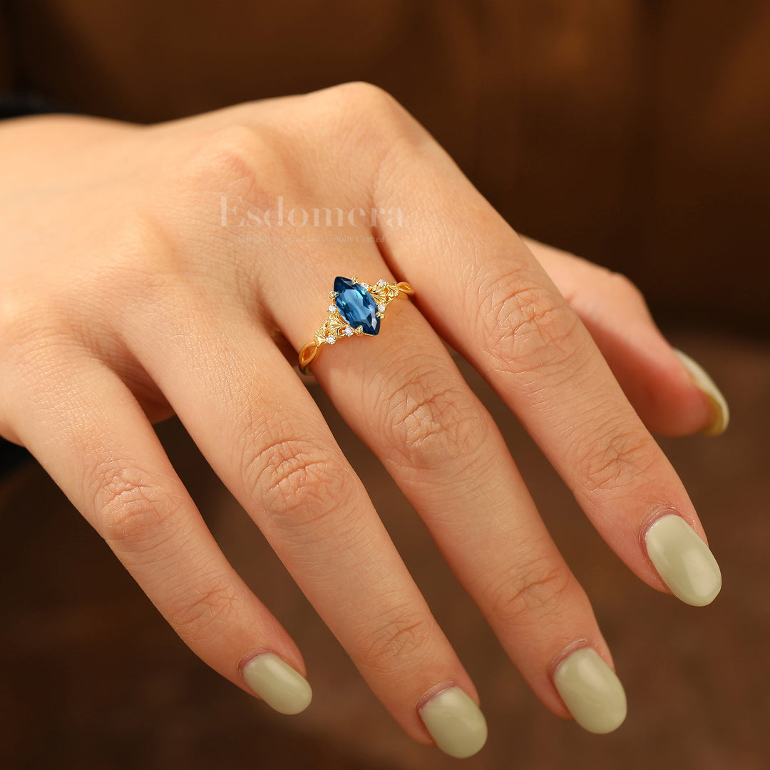 Dainty London Blue Topaz Ginkgo Leaf Engagement Ring Bridal Anniversary Ring