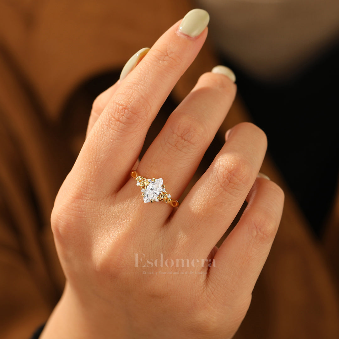 Ginkgo Engraved Marquise Cut Moissanite Engagement Ring Unique Prong Design Women Ring