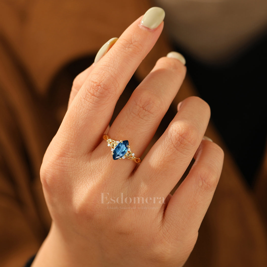 Dainty London Blue Topaz Ginkgo Leaf Engagement Ring Bridal Anniversary Ring