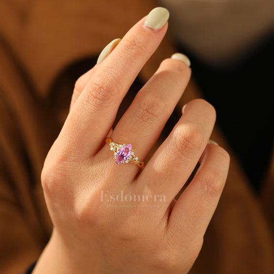Vintage Ginkgo Design Pink Sapphire Engagement Ring 1CT Marquise Cut Wedding Ring For Women