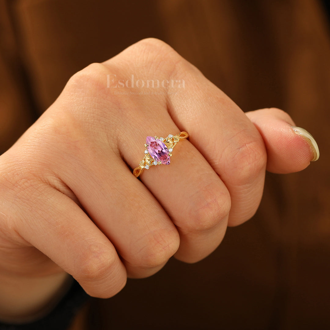 Vintage Ginkgo Design Pink Sapphire Engagement Ring 1CT Marquise Cut Wedding Ring For Women