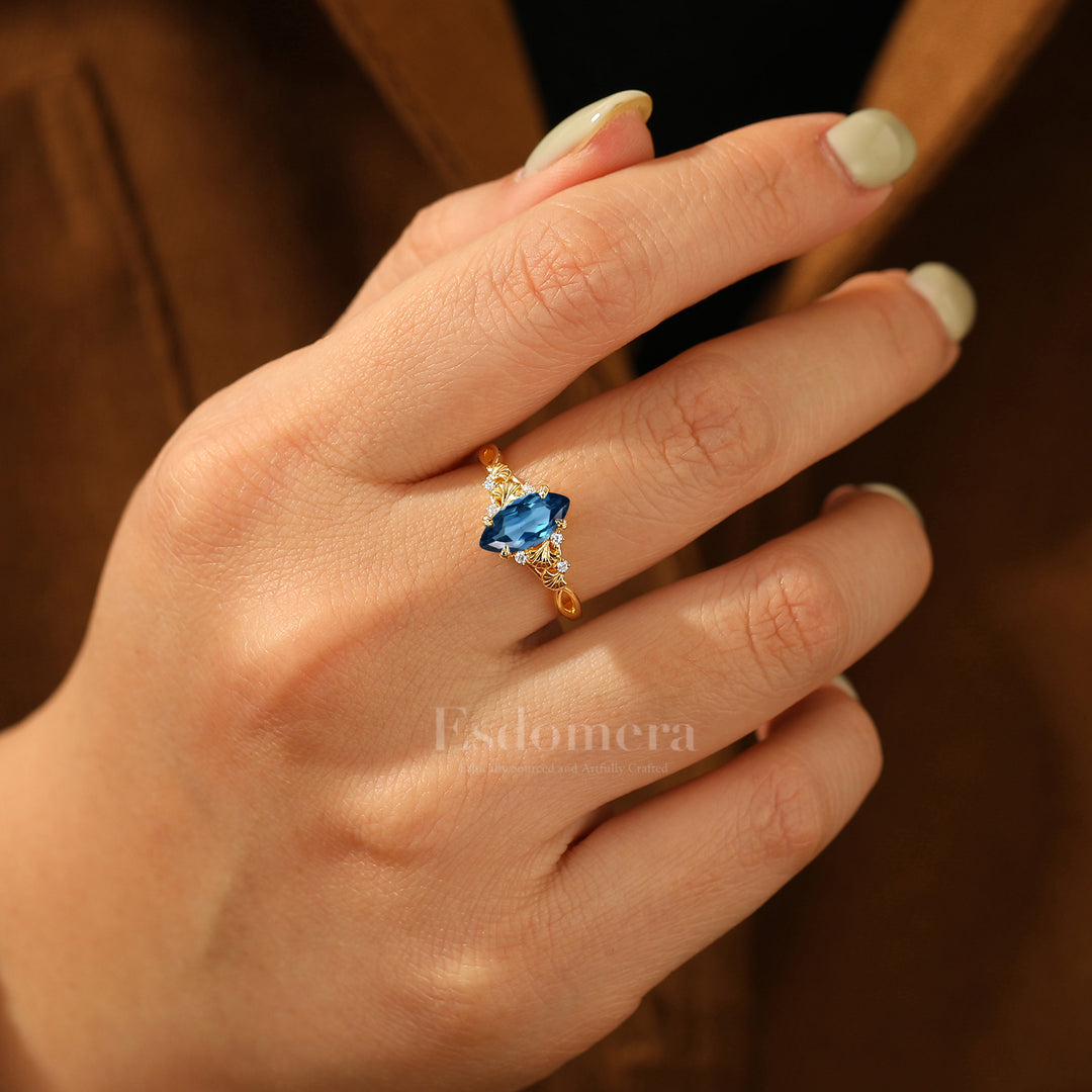 Dainty London Blue Topaz Ginkgo Leaf Engagement Ring Bridal Anniversary Ring