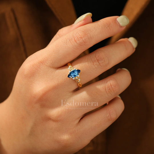 Dainty London Blue Topaz Ginkgo Leaf Engagement Ring Bridal Anniversary Ring