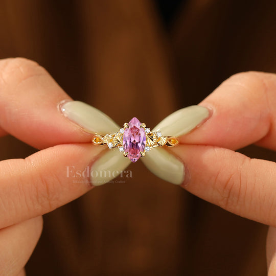 Vintage Ginkgo Design Pink Sapphire Engagement Ring 1CT Marquise Cut Wedding Ring For Women