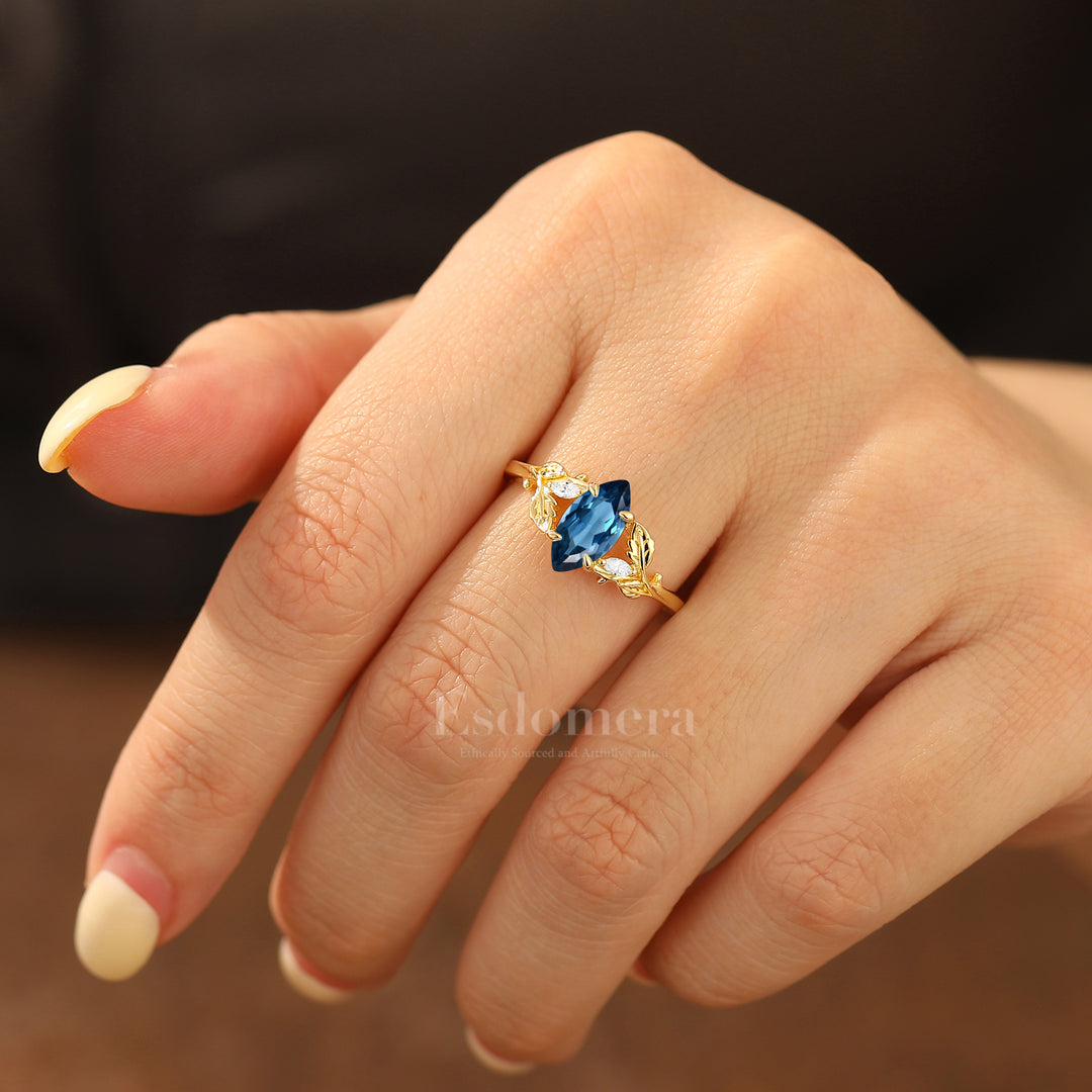 Refined Hand Engraved Leaf London Blue Topaz Bridal Ring Botanical Wedding Ring
