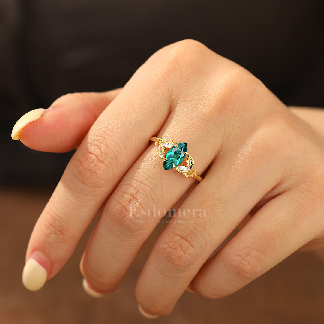 Handmade Leaf Vine 1CT Marquise Emerald Engagement Ring Nature Inspired Women Wedding Ring