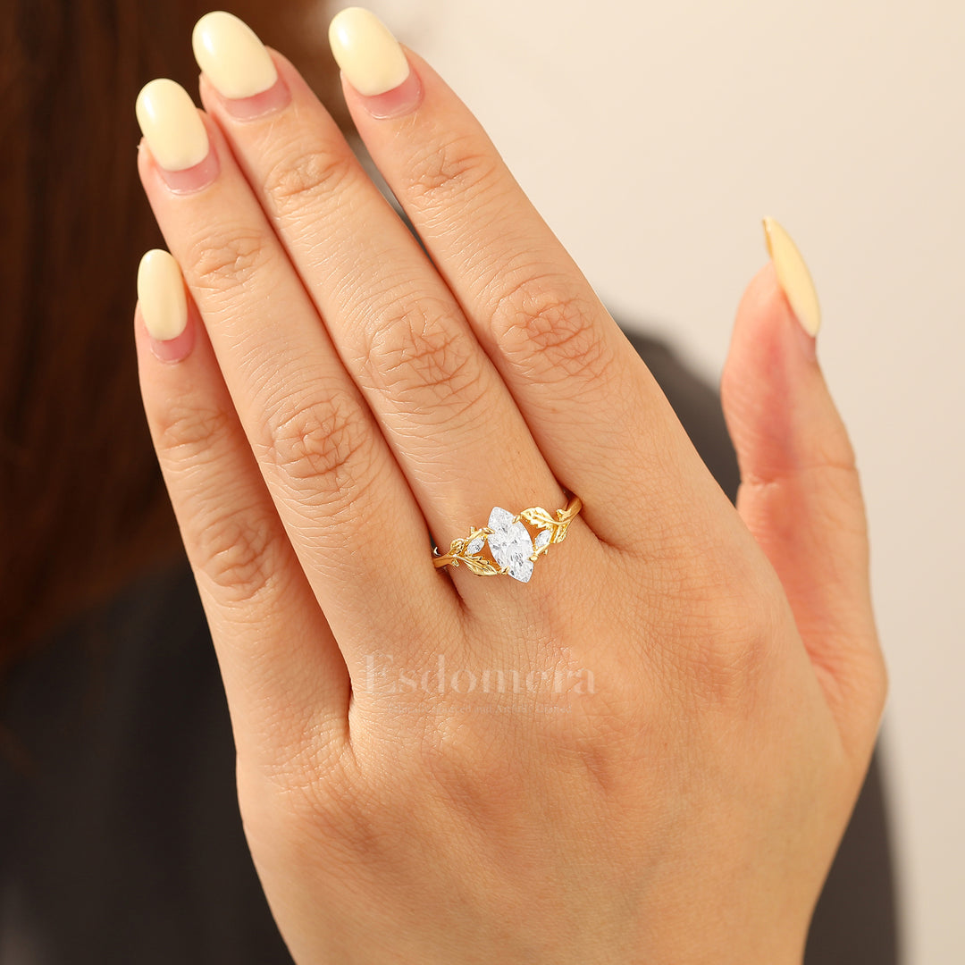 Enchanted Leaf Style Marquise Moissanite Bridal Ring Art Deco Anniversary Women Ring