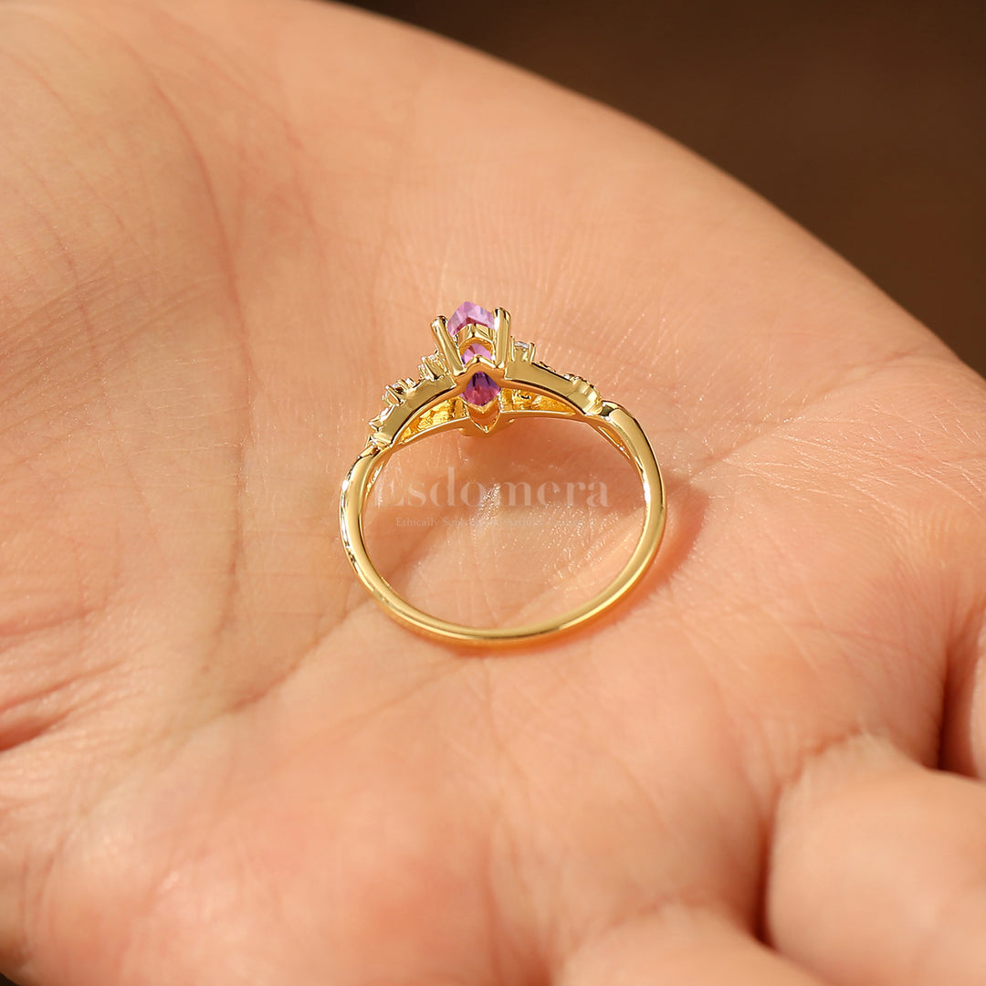 Vintage Ginkgo Design Pink Sapphire Engagement Ring 1CT Marquise Cut Wedding Ring For Women