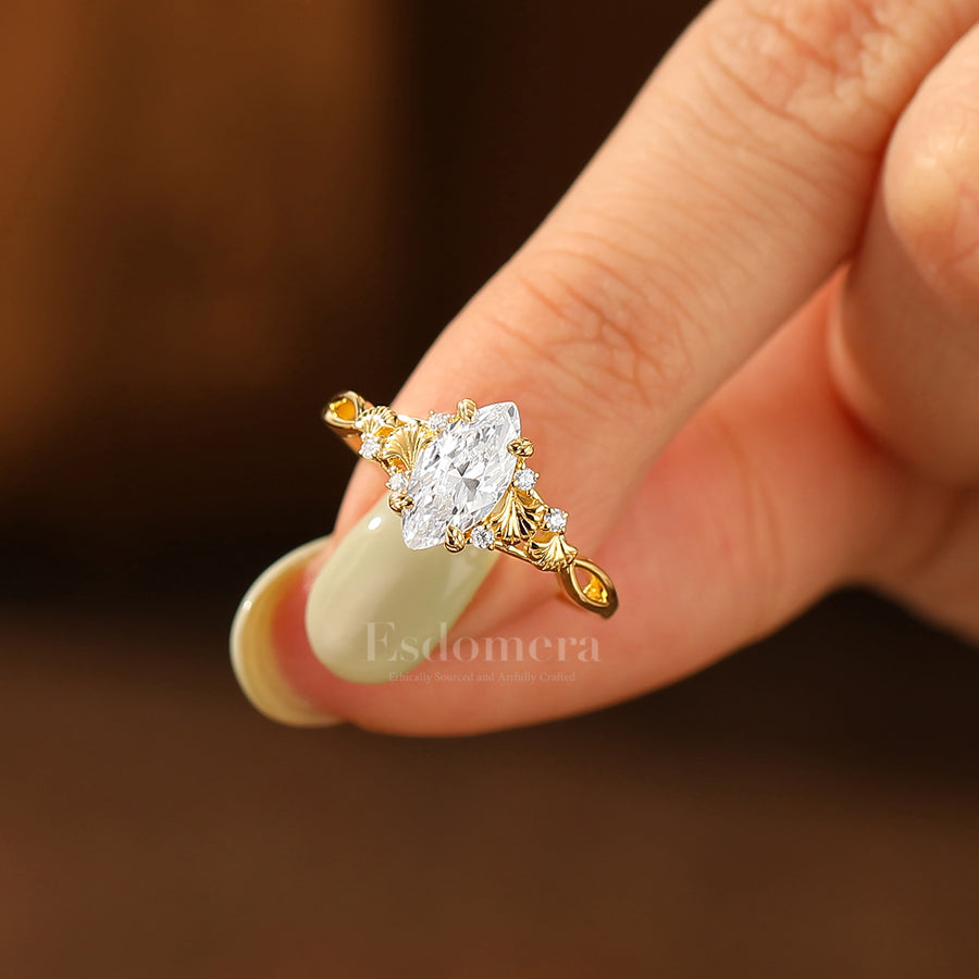Ginkgo Engraved Marquise Cut Moissanite Engagement Ring Unique Prong Design Women Ring