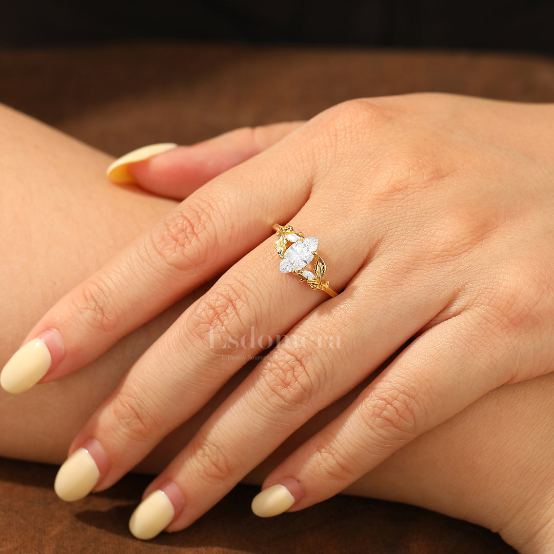 Enchanted Leaf Style Marquise Moissanite Bridal Ring Art Deco Anniversary Women Ring