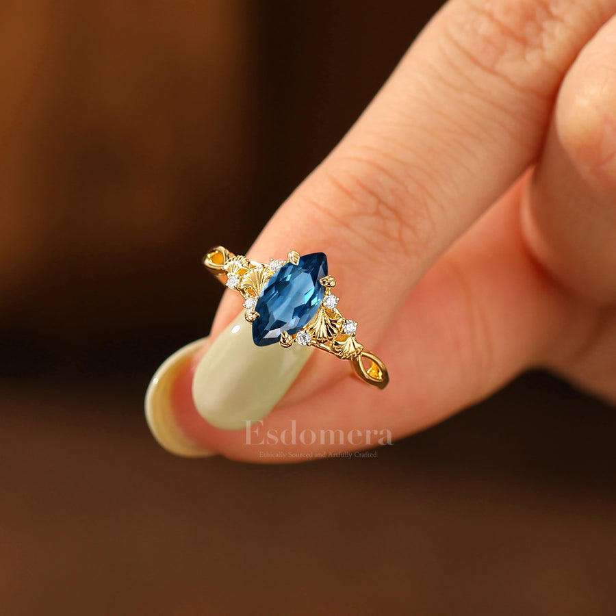 Dainty London Blue Topaz Ginkgo Leaf Engagement Ring Bridal Anniversary Ring