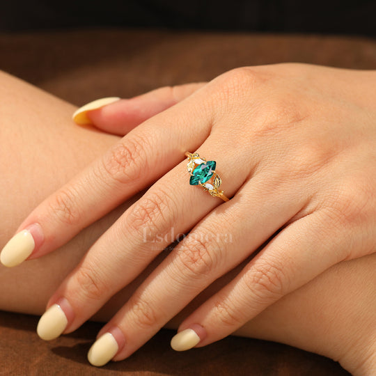Handmade Leaf Vine 1CT Marquise Emerald Engagement Ring Nature Inspired Women Wedding Ring