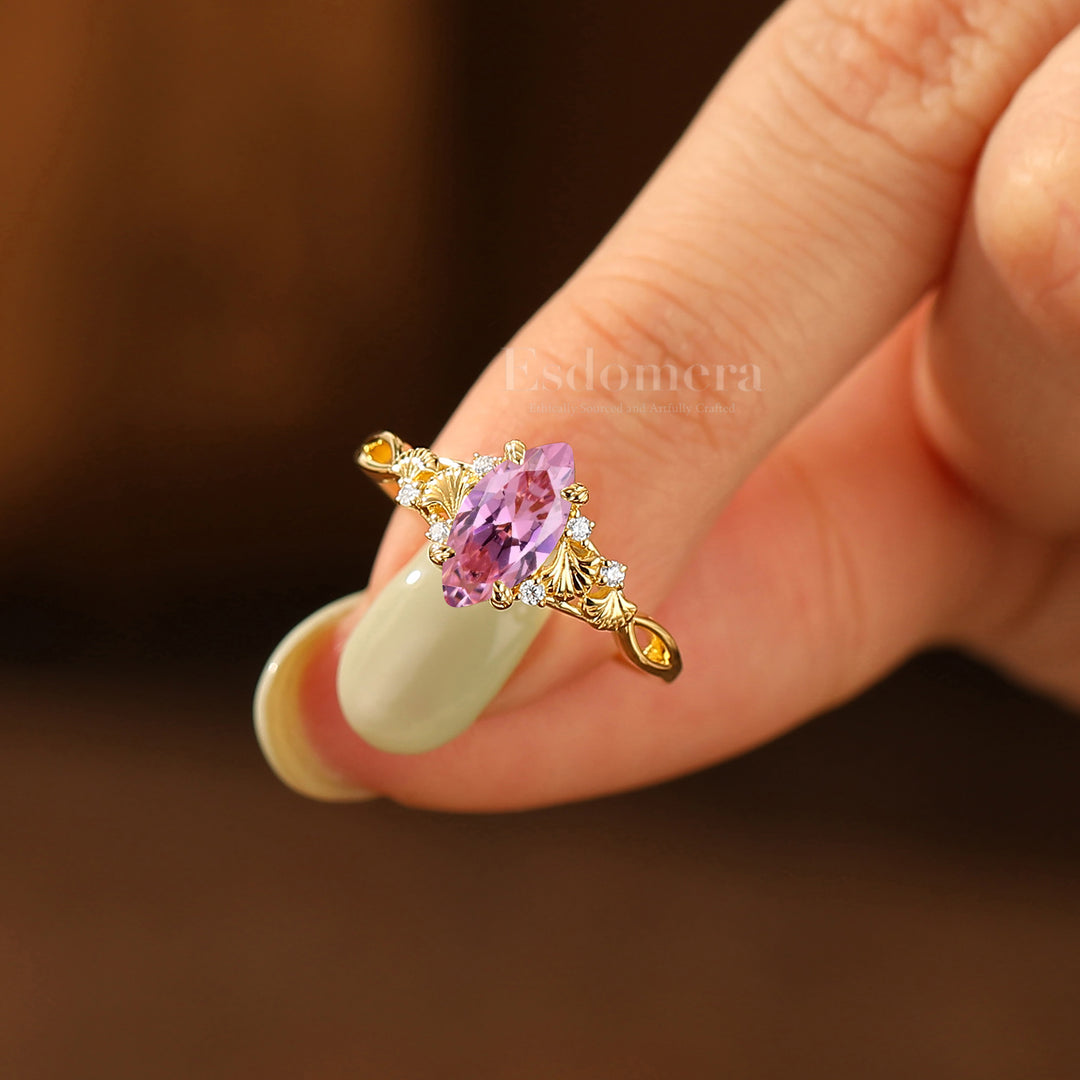 Vintage Ginkgo Design Pink Sapphire Engagement Ring 1CT Marquise Cut Wedding Ring For Women