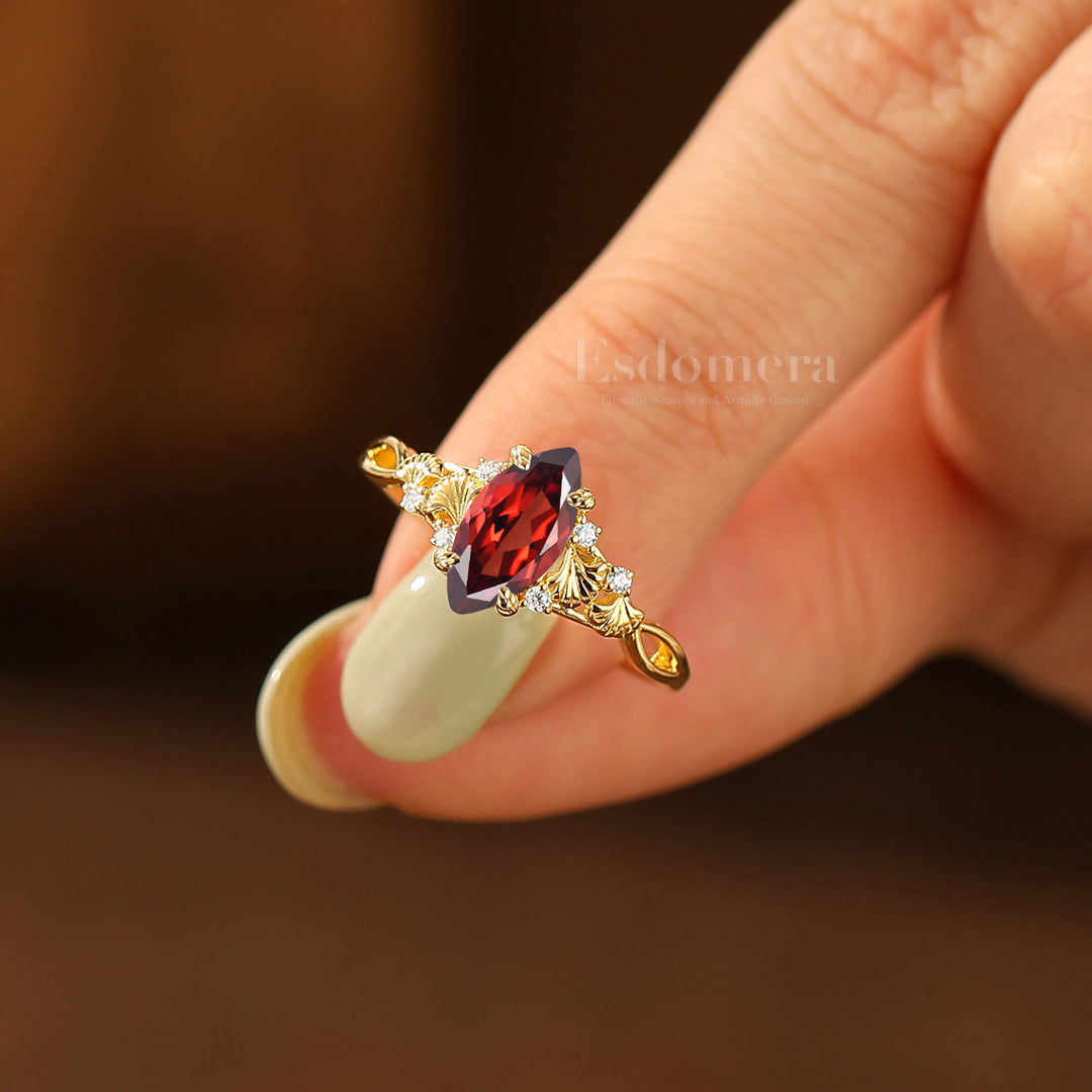 Ginkgo Design 1CT Marquise Red Garnet Women Ring Unique Prongs Engagement Ring