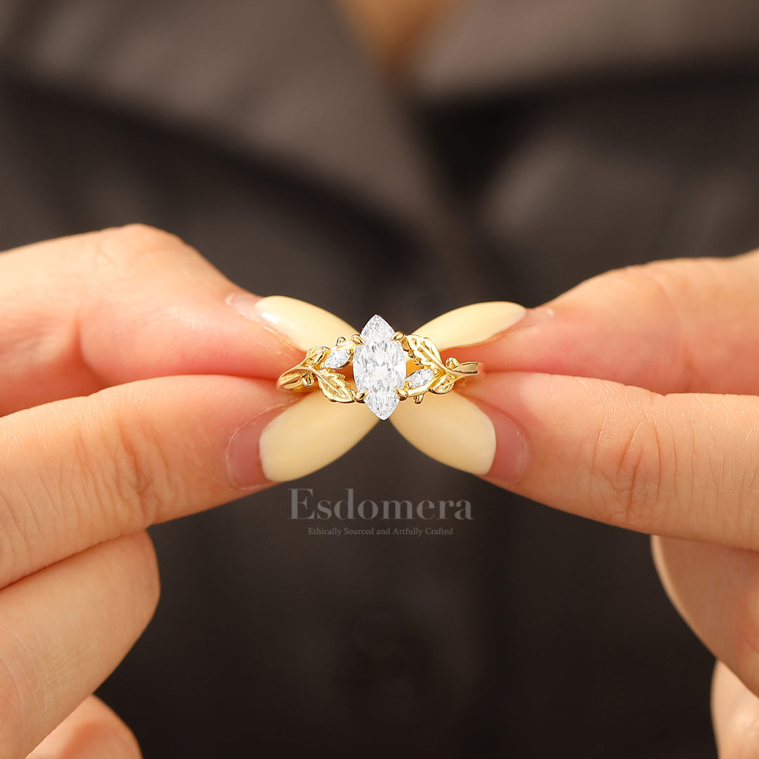 Enchanted Leaf Style Marquise Moissanite Bridal Ring Art Deco Anniversary Women Ring