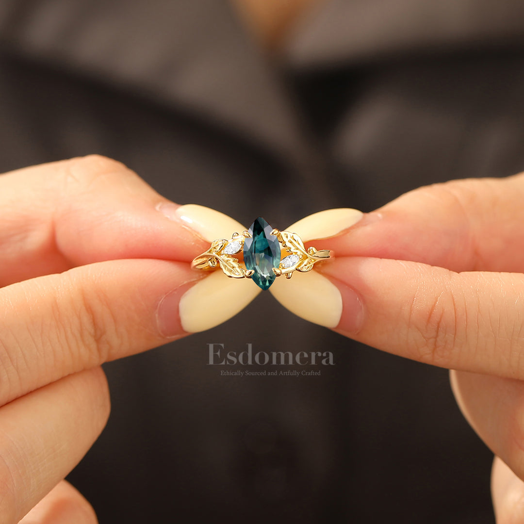 Artisan Carved Leaf Marquise Cut Teal Sapphire Engagement Ring 14K Gold Handmade Bridal Ring