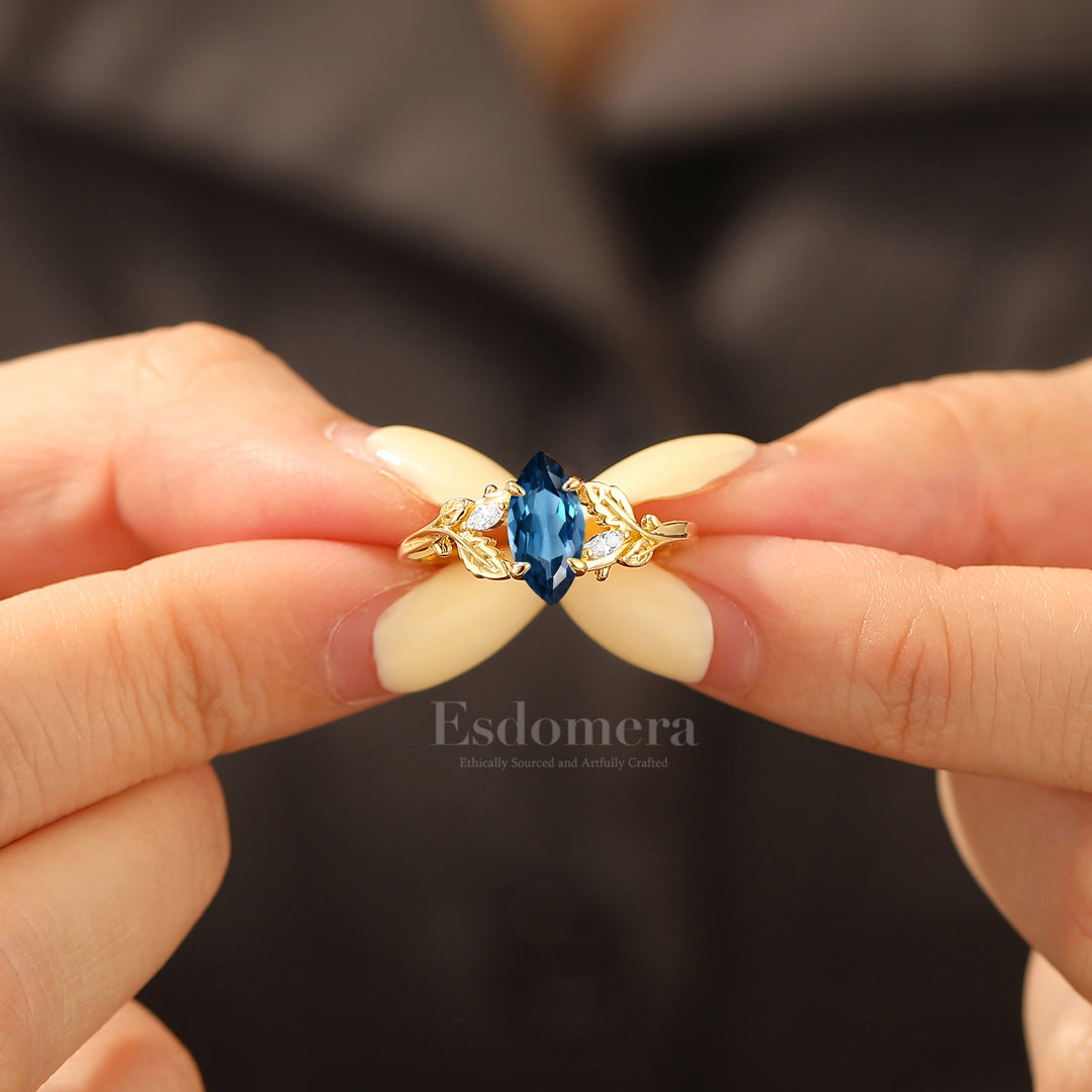 Refined Hand Engraved Leaf London Blue Topaz Bridal Ring Botanical Wedding Ring