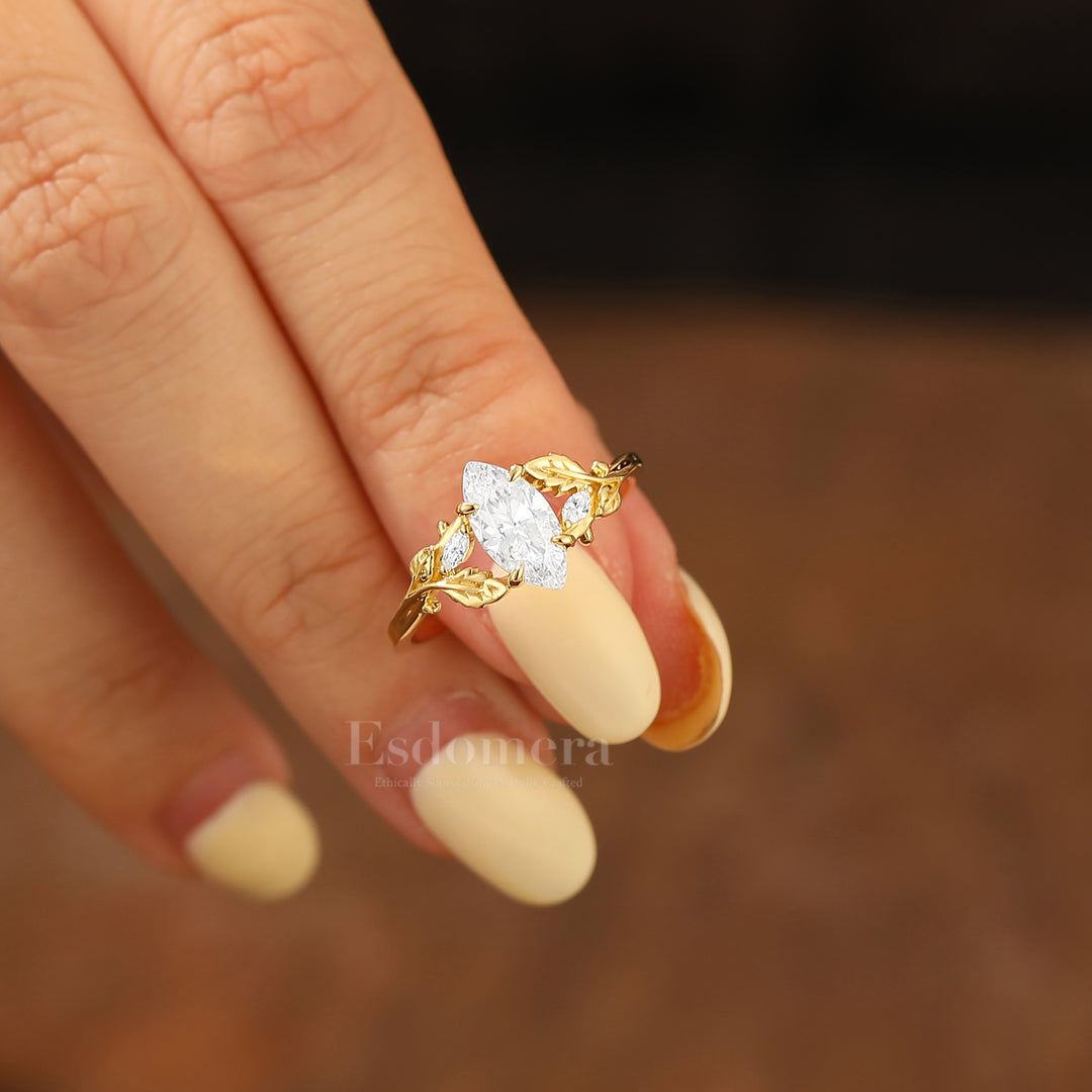 Enchanted Leaf Style Marquise Moissanite Bridal Ring Art Deco Anniversary Women Ring