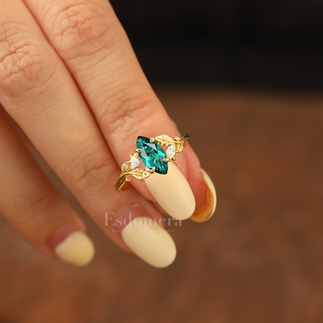 Handmade Leaf Vine 1CT Marquise Emerald Engagement Ring Nature Inspired Women Wedding Ring