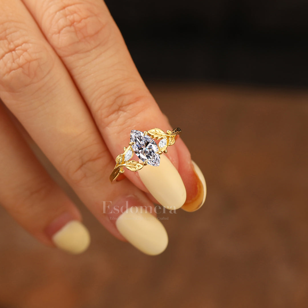 Nature Inspired Marquise Lab Diamant Verlobungsring Goldblatt Laborgezüchteter Diamant Ehering (IGI Zertifiziert)