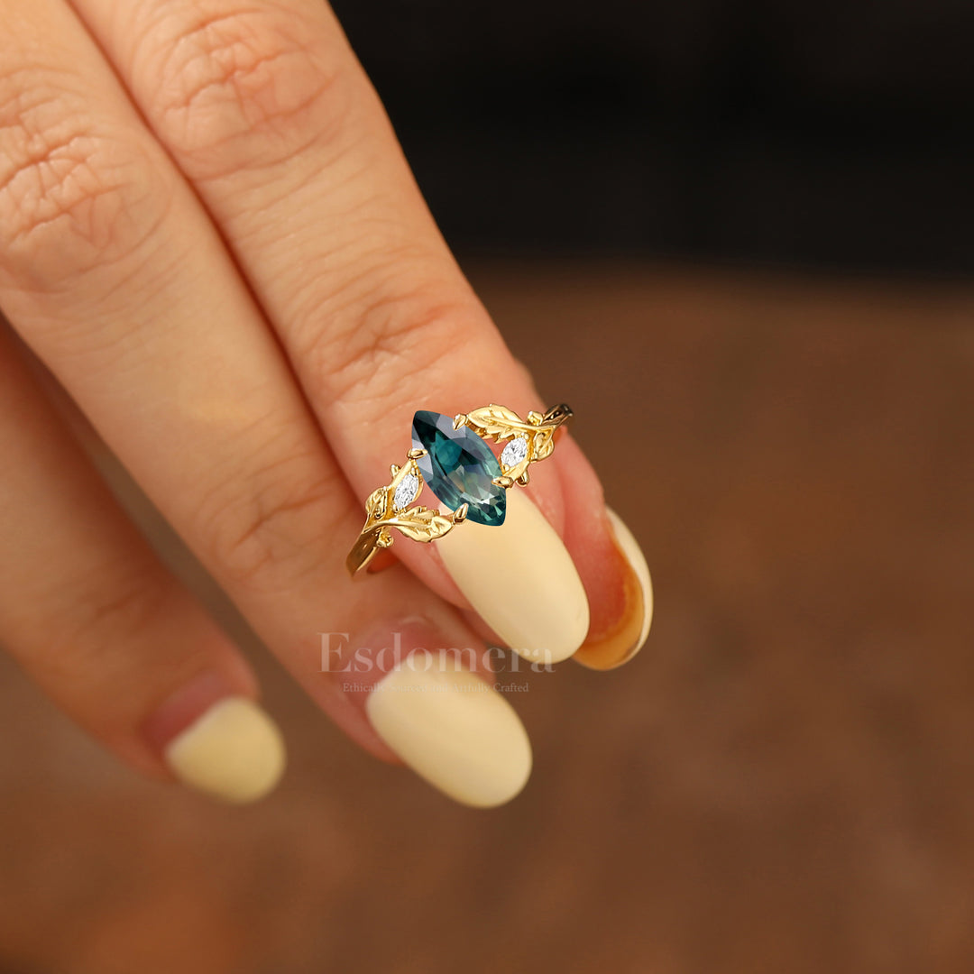 Artisan Carved Leaf Marquise Cut Teal Sapphire Engagement Ring 14K Gold Handmade Bridal Ring