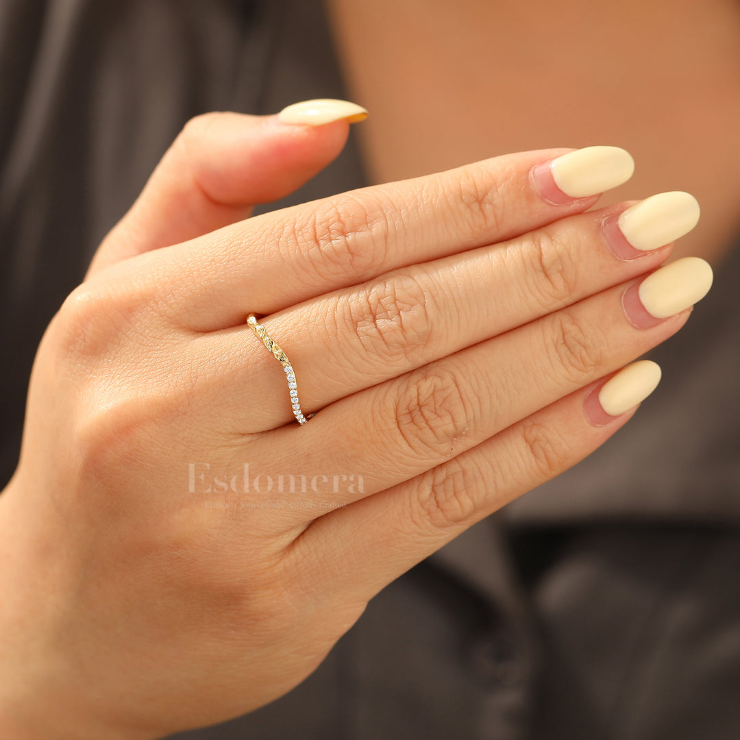 Half Eternity Lab Grown Diamond Band Curved Leaf Engraved Wedding Band