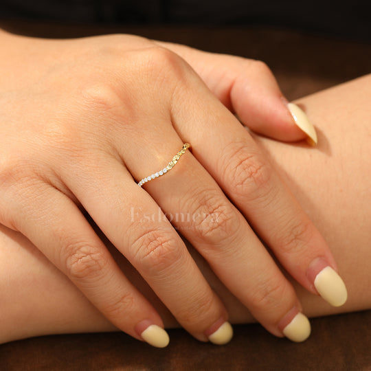 Half Eternity Lab Grown Diamond Band Curved Leaf Engraved Wedding Band