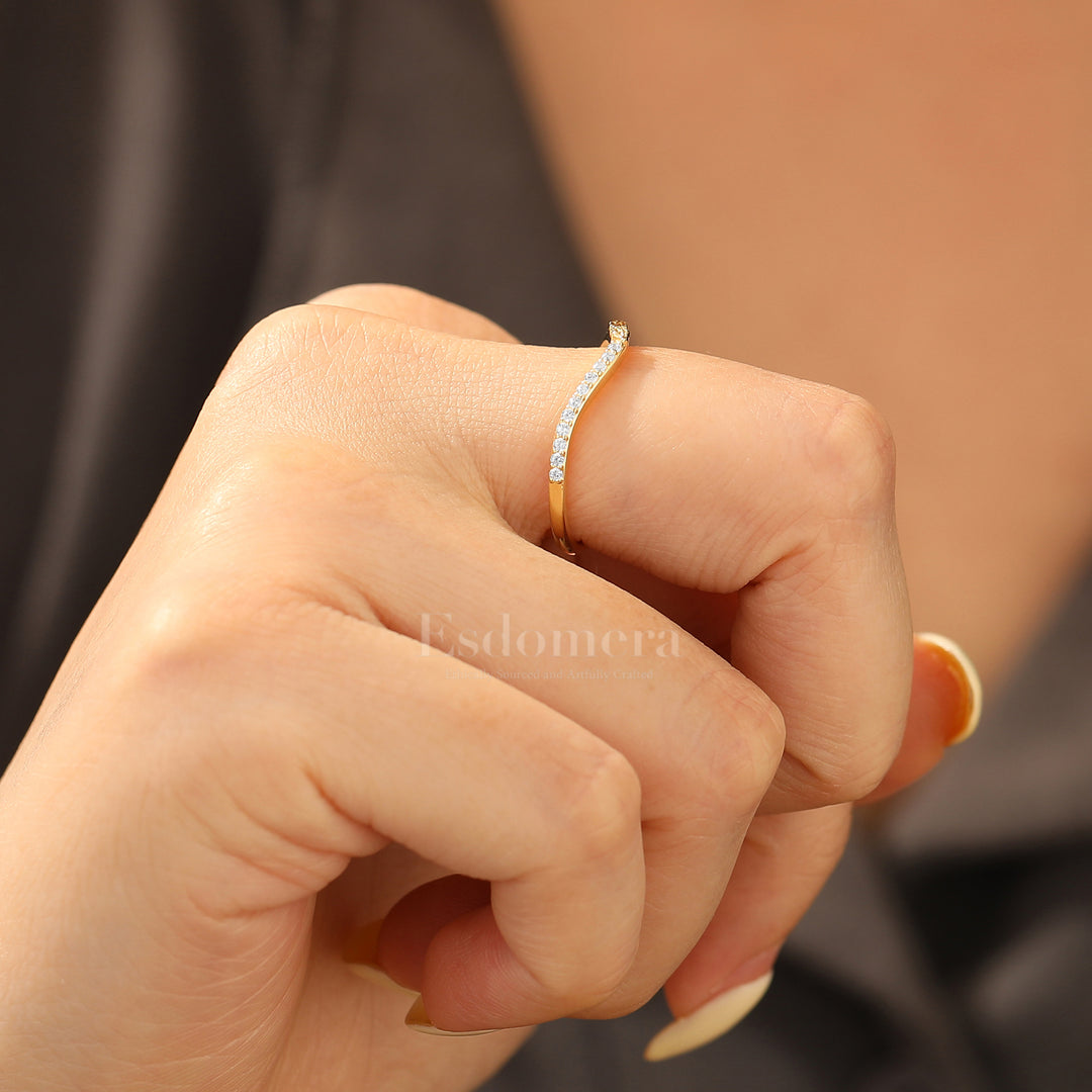 Half Eternity Lab Grown Diamond Band Curved Leaf Engraved Wedding Band