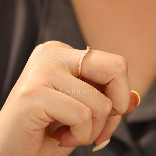 Half Eternity Lab Grown Diamond Band Curved Leaf Engraved Wedding Band