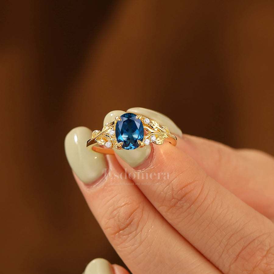 Natural Inspired 1.5CT Oval London Blue Topaz Engagement Ring Leaf Style Bridal Ring For Her