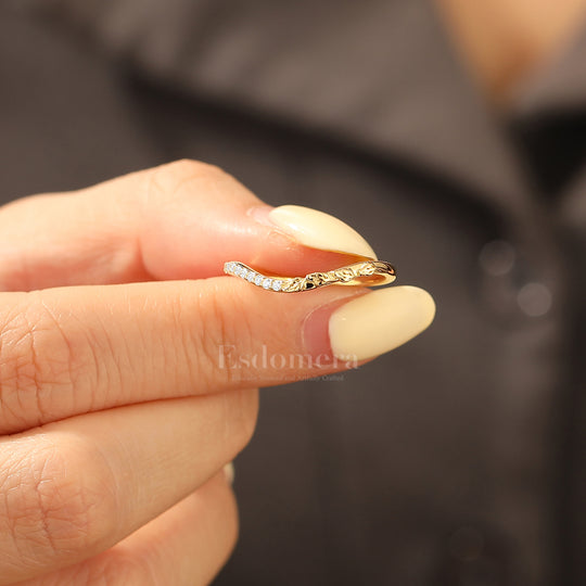 Half Eternity Lab Grown Diamond Band Curved Leaf Engraved Wedding Band